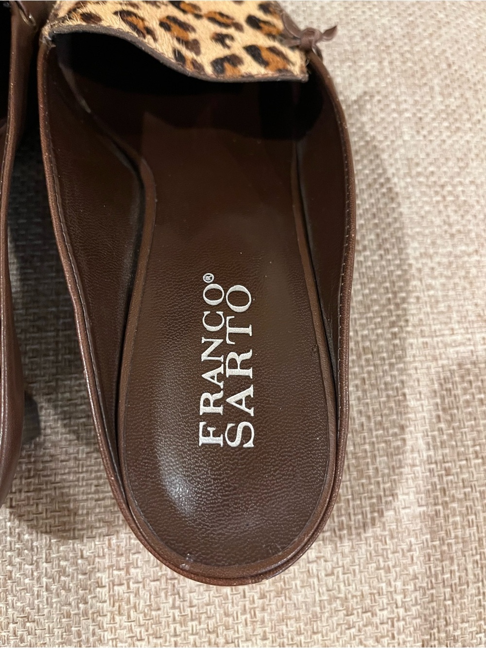 Franco Sarto kitten heel mules. Leather & leopard print calf hair. Brown. 8 - Picture 8 of 12